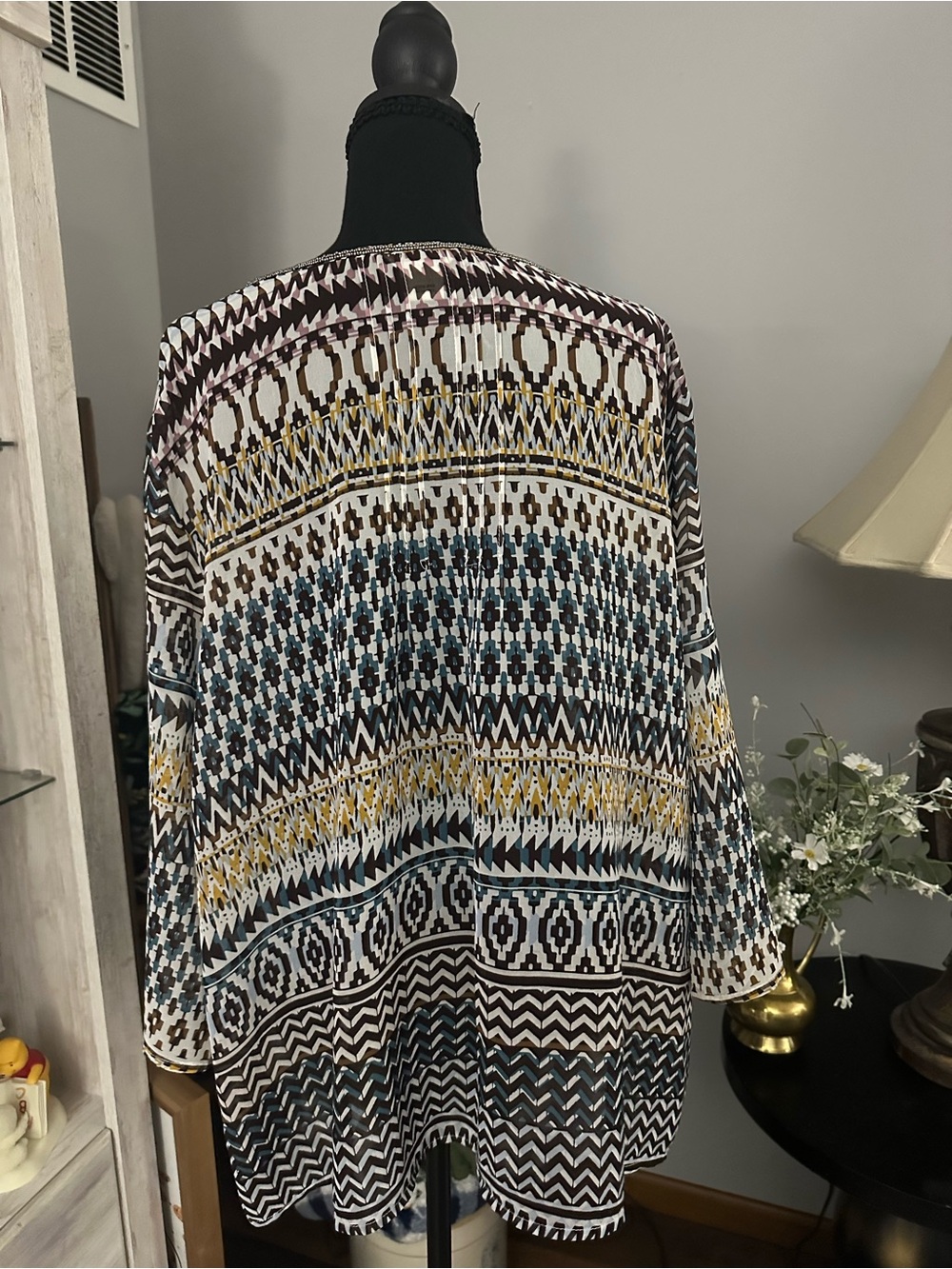 Ariat Aztec-Pattern Tunic Top in Black, White, Teal & Yellow - Picture 3 of 6